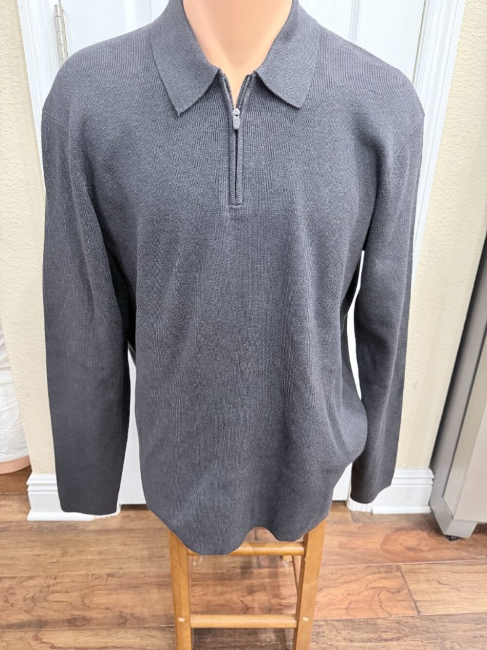 Kenneth Cole Gray Quarter Zip Knit Polo Sweater Mens Lg Heavyweight Rayon Blend